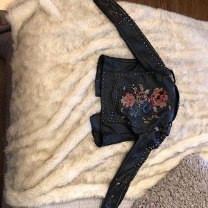 Embroidered Faux Leather Jacket